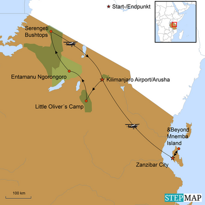 Karte mit Reiseverlauf, Tansania Hochzeitsreise, Africa Royal Tours