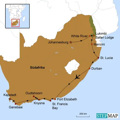 Karte, Reiseverlauf, Unterwegs auf den schönsten Routen Südafrikas, Südafrika Luxusreise