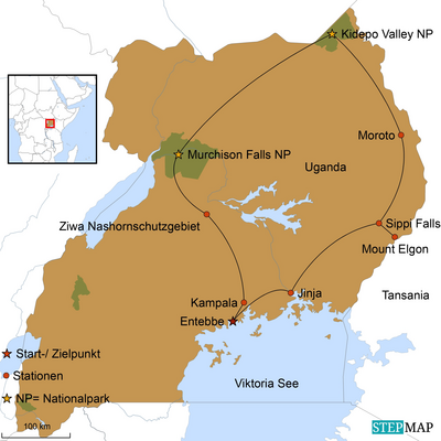 Reiseverlauf, Uganda auf unbekannten Pfaden, Uganda Reise, Karte