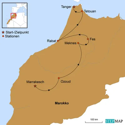 Karte mit Reiseverlauf, Marokko Luxusreise "Königsstädte Marokko", Africa Royal Tours