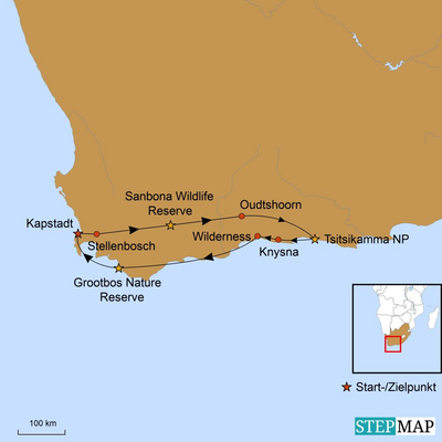 Südafrika Rundreise, Mietwagen, Karte, Route 62