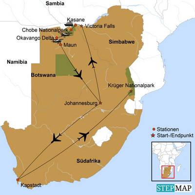 Reiseverlauf, Traumpfade durch das südliche Afrika, Südafrika, Simbabwe und Botswana Reise, Karte