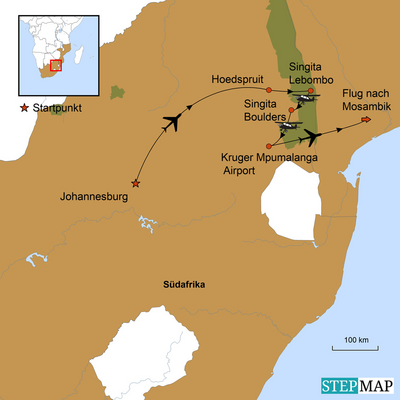 Reiseverlauf, Karte, Honeymoon in Südafrika und Mosambik