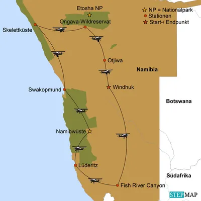 Karte Flugsafari Namibia, Luxusreise Namibia 