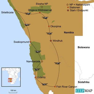 Karte Flugsafari Namibia, Luxusreise Namibia 