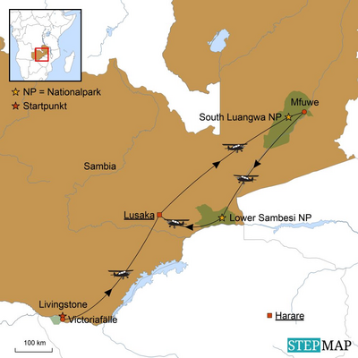 Karte zur Sambia Reise - Donnerndes Wasser, Sambia Reisen