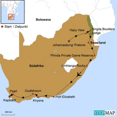 Rundreise Südafrika, Karte, Reiseverlauf, Mietwagenreise Gardenroute und Swasiland, Südafrika