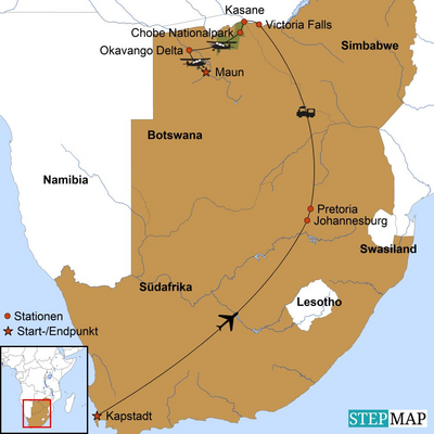 Karte, Südafrika, Botswana, Simbabwe, Rundreise 