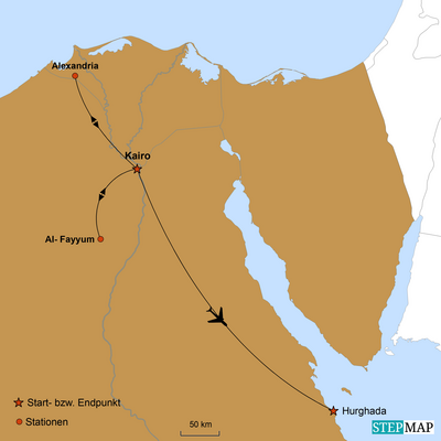 Karte mit Reiseverlauf - Ägypten Rundreise - Glanz und Erbe der Pharaonen